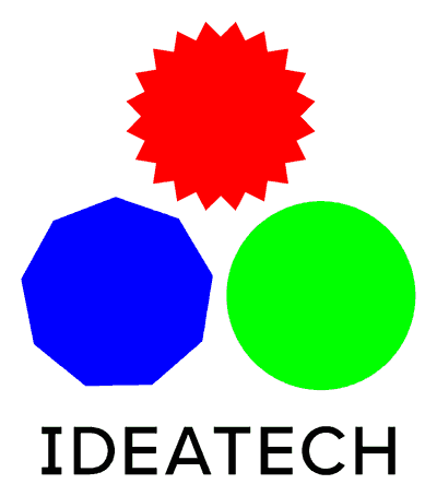IDEATECH のロゴが、赤・緑・青の3つの形から組み上がるアニメーション