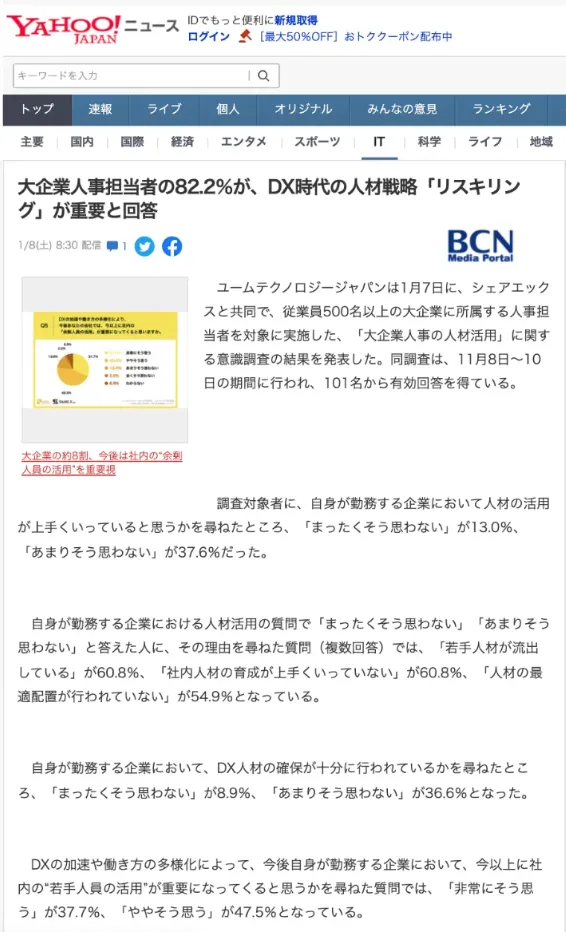 「大企業人事の人材活用」に関する調査が、Yahoo!ニュースに掲載されました！