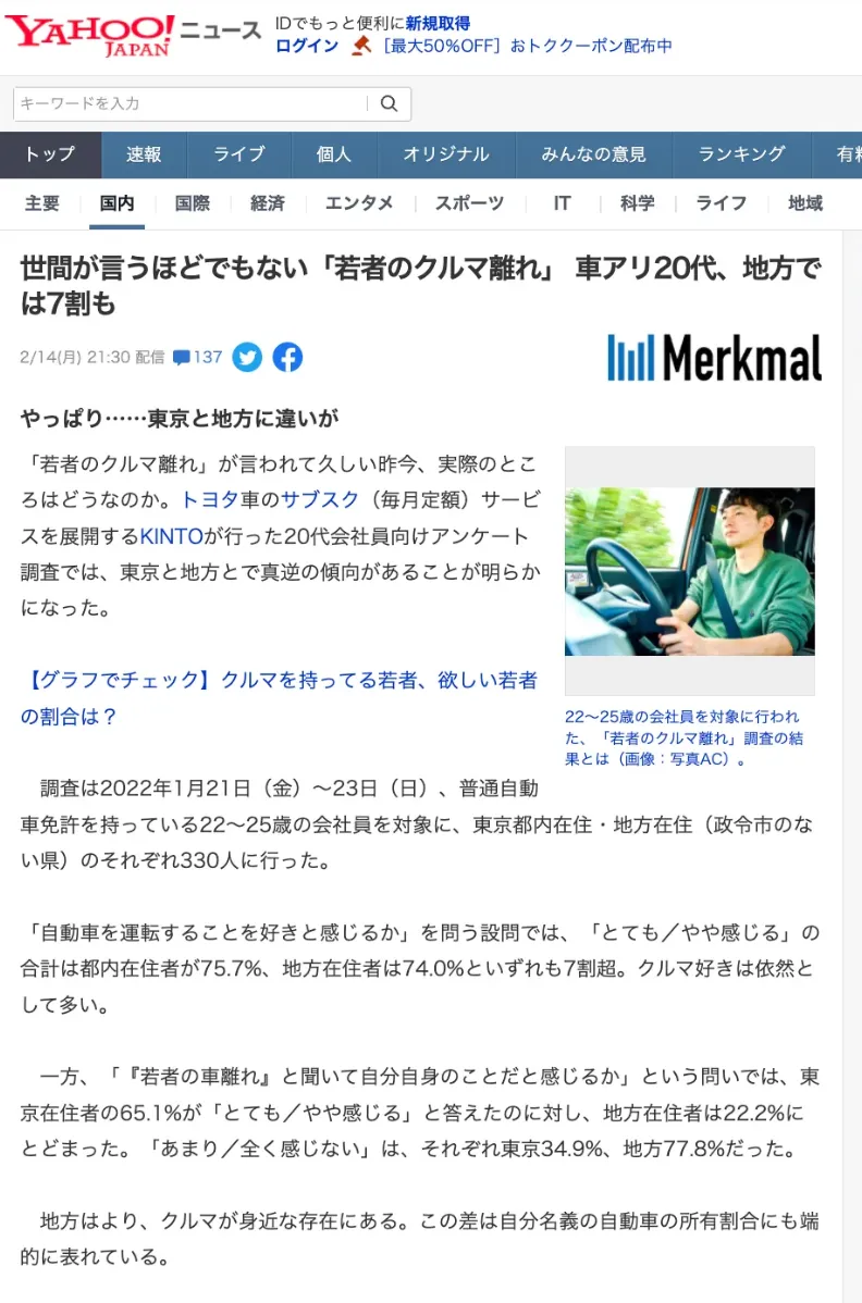 「Z世代のクルマに対する意識調査」に関する実態調査が、Yahoo!ニュースに掲載されました！「Merkmal編集部」から転載されています。