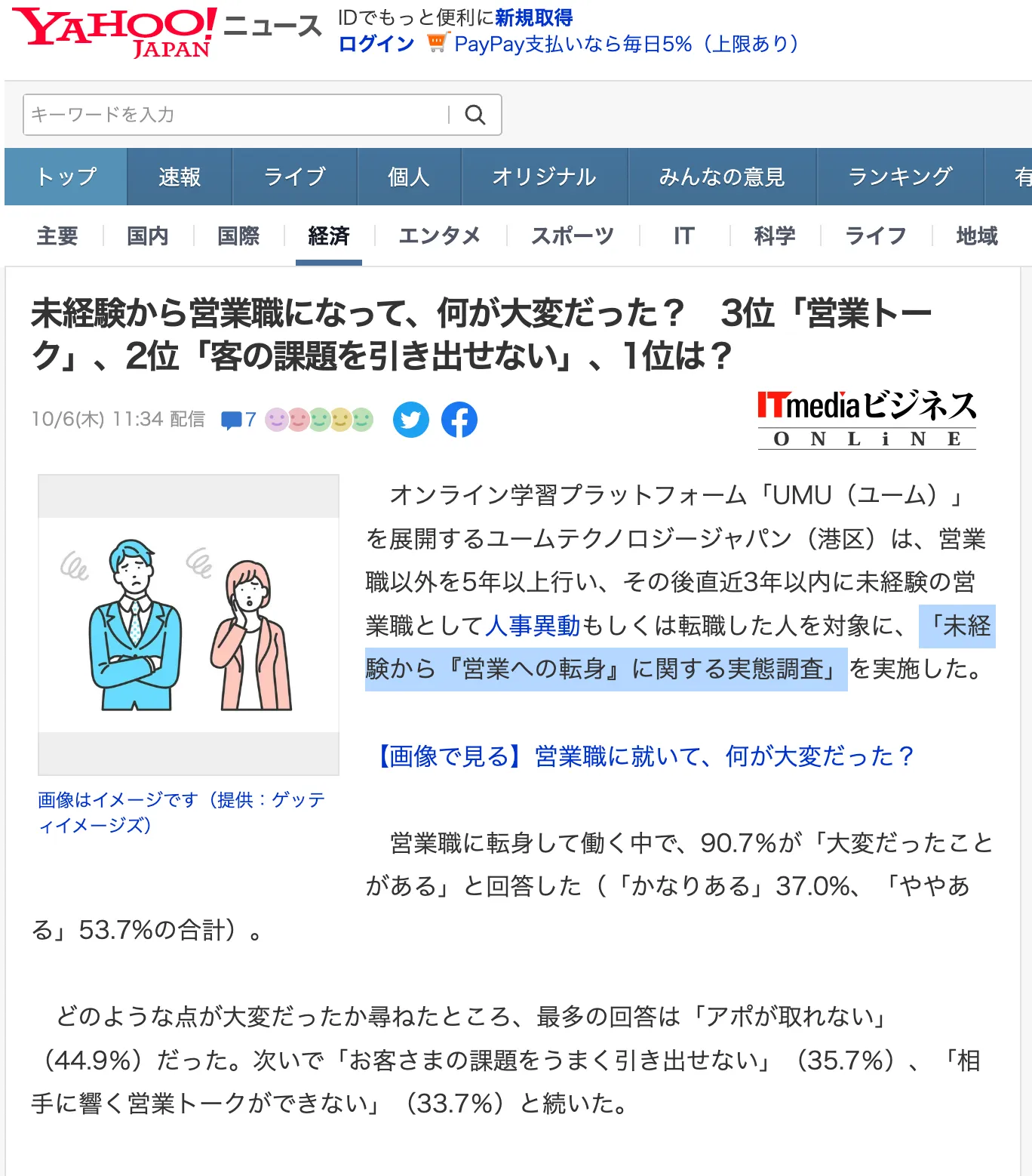 未経験から『営業への転身』に関する実態調査がYahoo!ニュースに掲載されました！ITmediaビジネスONLiNEから転載されています。