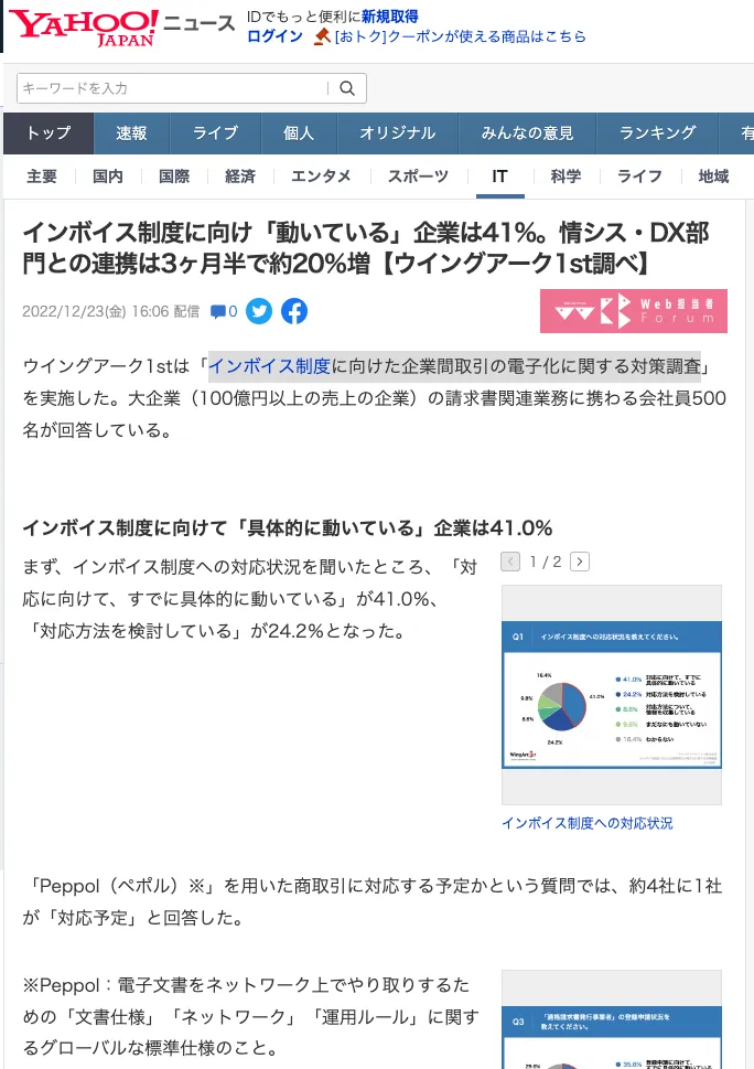 インボイス制度に向けた企業間取引の電子化に関する対策調査がYahoo!ニュースに掲載されました！Web担当者Forumから転載されています。