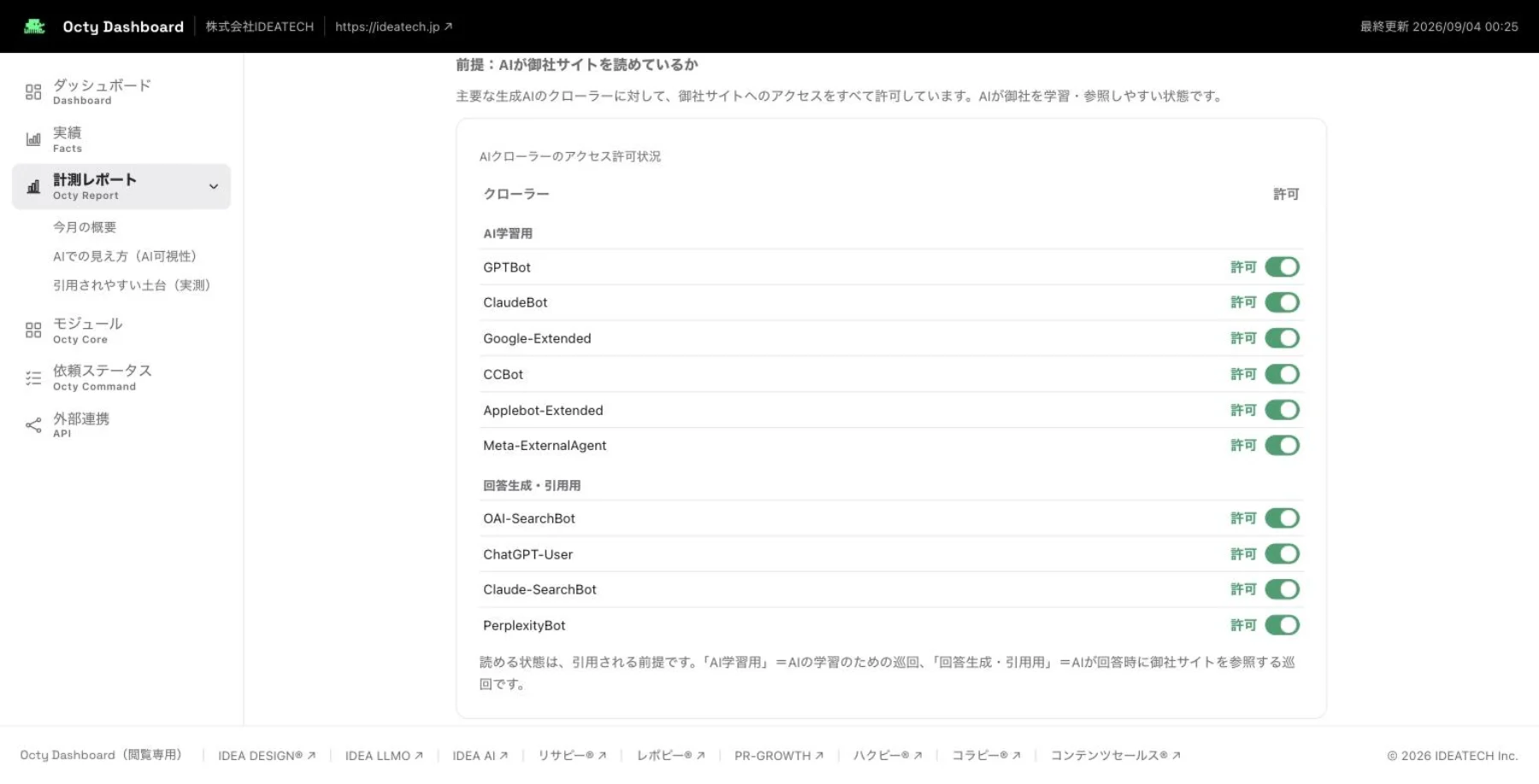 AIクローラーのアクセス許可状況。GPTBot・ClaudeBot・Google-Extended などのAI学習用と、OAI-SearchBot・PerplexityBot などの回答生成・引用用に分かれ、すべて「許可」と表示されている。